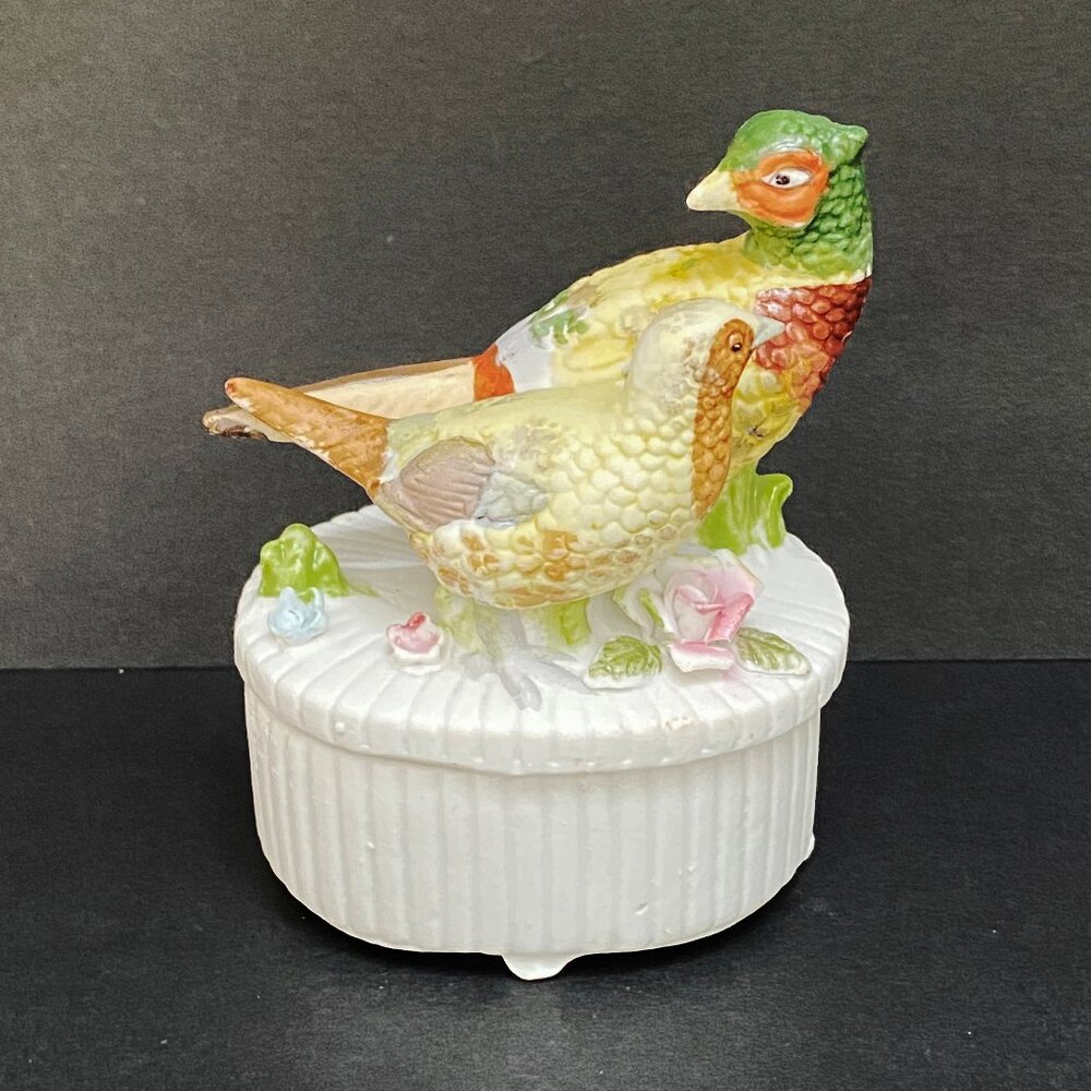 Vintage Japanese Trinket Dish with Pheasants - Porcelain - Flowers - Footed